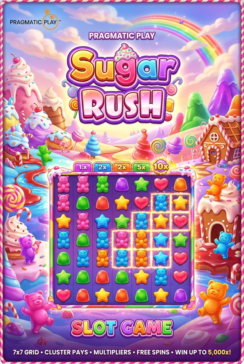 Sugar Rush slot cover — cluster pays 7x7 grid Pragmatic Play